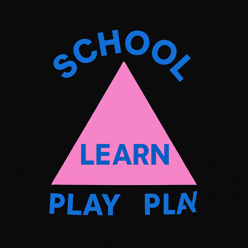 شعار مدرسه خلفيته سوداء 
وفي بالنص مثلث وردي
على زواياه مكتوب باللون الأزرق
من زاويته الفوقschool
واللي تحت وحده learn 
ووحده play
