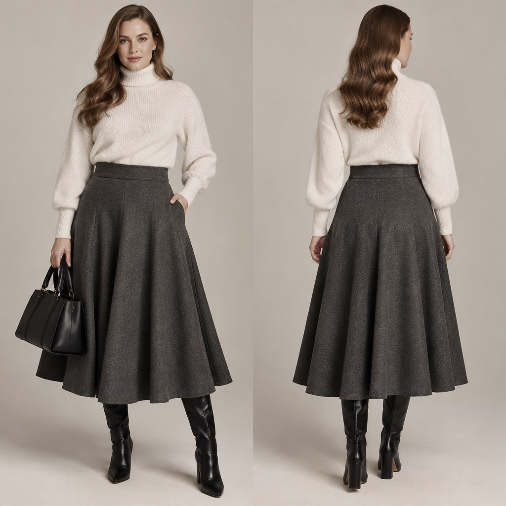 A Female Skirt design, with a soft, cosy hand, with a Flared silhouette, in a Monochrome color palette, for Casual, suitable for Fall, suited to a Temperate climate, in Classic style, shown on a model with fair skin and a curvy figure. Russia fashion aesthetics. Present it as professional fashion catalogue photography: the garment is the subject, shown full-length with editorial styling, neutral posing and tasteful, non-suggestive framing.
photorealistic fashion design, A Female Skirt design, with a soft, cosy hand, with a Flared silhouette, in a Monochrome color palette, for Casual, suitable for Fall, suited to a Temperate climate, in Classic style, shown on a model with fair skin and a curvy figure. Russia fashion aesthetics. Present it as professional fashion catalogue photography: the garment is the subject, shown full-length with editorial styling, neutral posing and tasteful, non-suggestive framing., classic style, just the design no text, show front and back