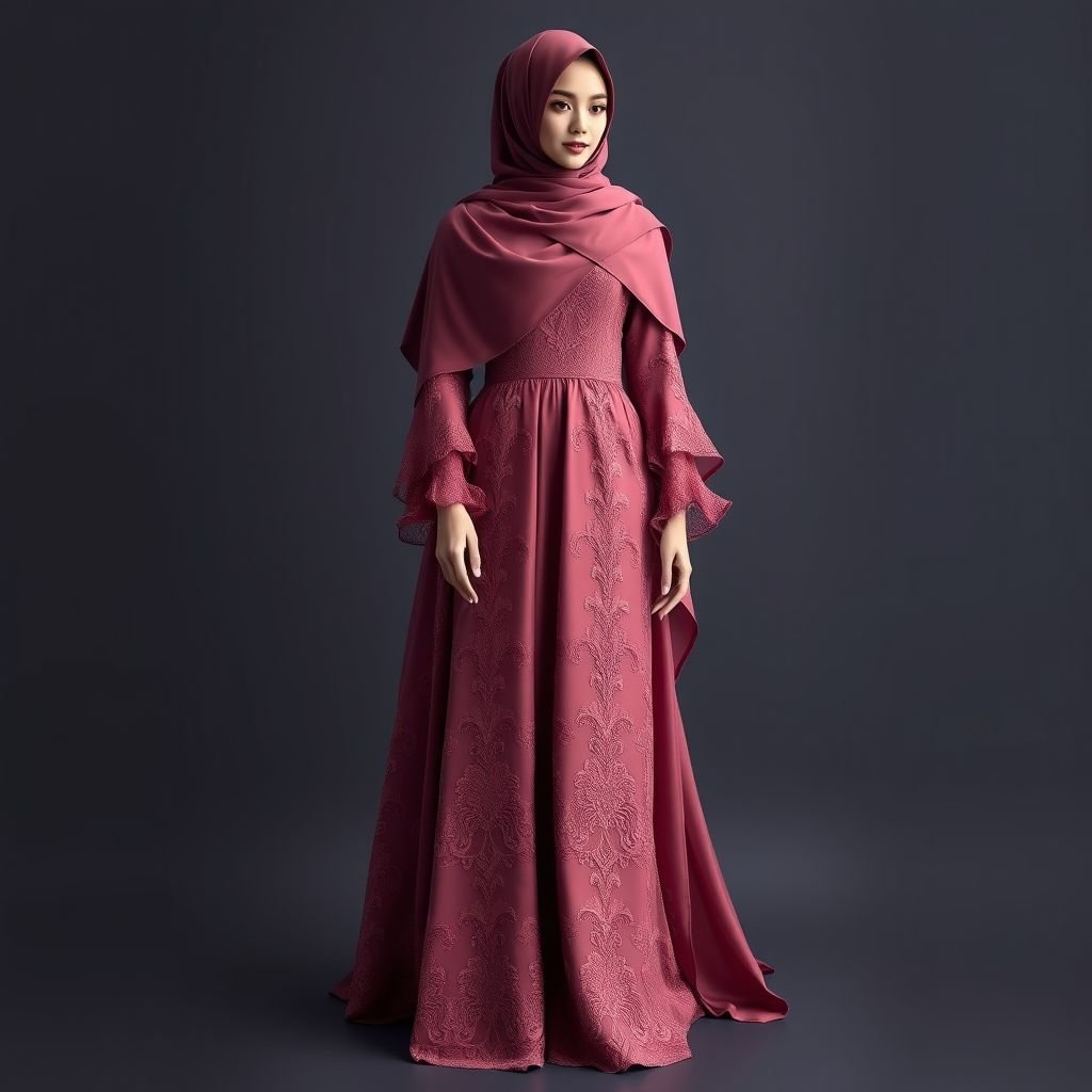 Very Romantic,French inspired Muslim dress and color is very dark pink
Design a sophisticated, elegant Muslim dress inspired by the romance of French fashion. Incorporate intricate lace detailing, flowing silk fabrics, and delicate embroidery, all in a deep, luxurious dark pink hue. Add a gracefully draped shawl, soft ruffles, and a cinched waist for a timeless, enchanting silhouette that embodies elegance and grace.