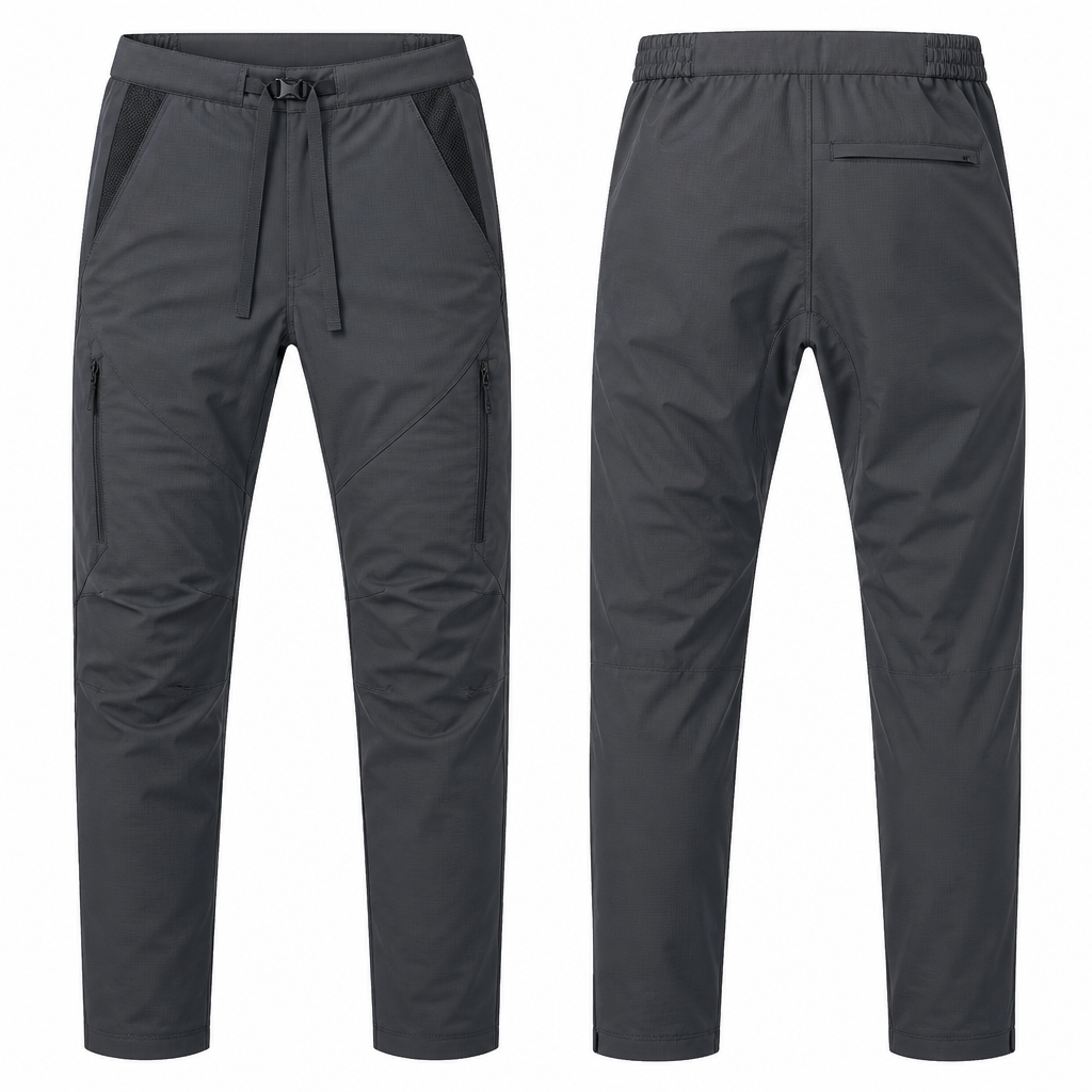 Create a design for cargo trousers made from 4-way stretch nylon/polyester ripstop (water-repellent), featuring an urban gorpcore/minimalist-tactical style and a modern tapered fit. The waist utilizes a minimalist technical webbing drawcord system, offering a comfortable, clean fit adjustment without the need for a belt. Deep front hand pockets feature mesh lining for added ventilation to prevent overheating. Slim side cargo pockets utilize concealed, water-resistant zippers; the design lies flat when empty, maintaining a simple, clean aesthetic. Articulated Knees: Specialized panel stitching at the knees ensures maximum freedom of movement when bending (e.g., hiking or squatting). Flat Hem: A clean, straight-finished hem without elastic cuffs, suitable for pairing with various types of footwear. Back View: 1. Partial Elastic Waist: Elastic sections at the sides/back of the waist provide comfortable size flexibility (adjusting by +/- 2 sizes). 2. Clean, Welt Back Pocket: A minimalist welt-style back pocket featuring a slim, zippered flap closure. 3. Tapered Fit: Maintains a consistent, slim silhouette from the rear. 4. Gusseted Crotch: A specialized gusset panel in the crotch area prevents tearing during extreme movements. 5. Reinforced Stitching: Additional reinforcement stitching in high-stress areas.. Indonesia fashion aesthetics.
photorealistic fashion design, Create a design for cargo trousers made from 4-way stretch nylon/polyester ripstop (water-repellent), featuring an urban gorpcore/minimalist-tactical style and a modern tapered fit. The waist utilizes a minimalist technical webbing drawcord system, offering a comfortable, clean fit adjustment without the need for a belt. Deep front hand pockets feature mesh lining for added ventilation to prevent overheating. Slim side cargo pockets utilize concealed, water-resistant zippers; the design lies flat when empty, maintaining a simple, clean aesthetic. Articulated Knees: Specialized panel stitching at the knees ensures maximum freedom of movement when bending (e.g., hiking or squatting). Flat Hem: A clean, straight-finished hem without elastic cuffs, suitable for pairing with various types of footwear. Back View: 1. Partial Elastic Waist: Elastic sections at the sides/back of the waist provide comfortable size flexibility (adjusting by +/- 2 sizes). 2. Clean, Welt Back Pocket: A minimalist welt-style back pocket featuring a slim, zippered flap closure. 3. Tapered Fit: Maintains a consistent, slim silhouette from the rear. 4. Gusseted Crotch: A specialized gusset panel in the crotch area prevents tearing during extreme movements. 5. Reinforced Stitching: Additional reinforcement stitching in high-stress areas.. Indonesia fashion aesthetics., just the design no text