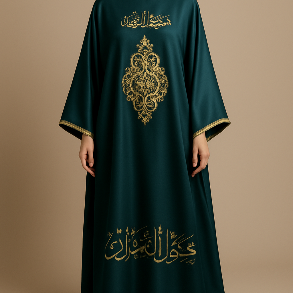 Embellishments: Features the mo "أنا وطني" and other texts embroidered with exquisite gold threadwork (Zari) on the chest and skirt.
Motif: The central pattern is rendered in intricate gold brocade or heavy hand-embroidery (Talli/Nakshi), reflecting traditional craftsmanship.
Details: Voluminous, long sleeves with gold-trimmed cuffs, and a modest neckline. The design fuses a modern modest silhouette with deep Saudi heritage using luxurious fabrics and royal gold accents.
Contemporary fashion design: Minimalist kaftan in deep jewel tones. Relaxed silhouette, flowing to the ankle. Embroidered gold Arabic calligraphy on chest and skirt. High neckline, wide sleeves with gold trimmed cuffs. Brocade or heavy gold embroidery forms a central motif. Luxurious silk or satin fabric, smooth and drapes fluidly.