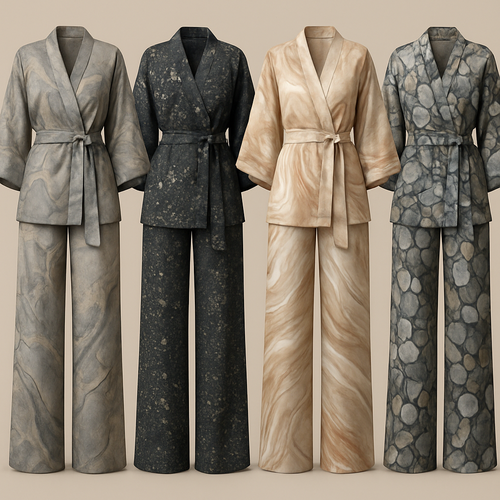 Create a modest two piece loose pant and kimono , first of its kind, featuring a unique stone design that exudes a classy and sophisticated vibe. I'd like four designs, each showcasing different styles and fabrics. Incorporate high-end, unique chic stone designs to make them truly special. Add little sophisticated stone designs. Make it irresistible!