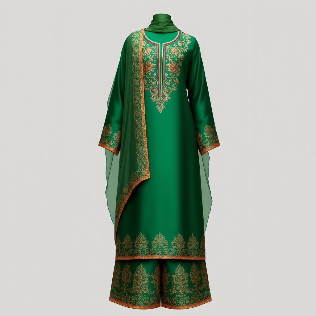 Shalwar kameez
Design an elegant shalwar kameez featuring a rich emerald silk fabric, adorned with intricate gold embroidery along the neckline and hem. The silhouette should be tailored for a sophisticated, flattering fit, complemented by a wide-leg trouser. Include a delicate chiffon dupatta, flowing gracefully, enhancing the ensemble's formal allure.