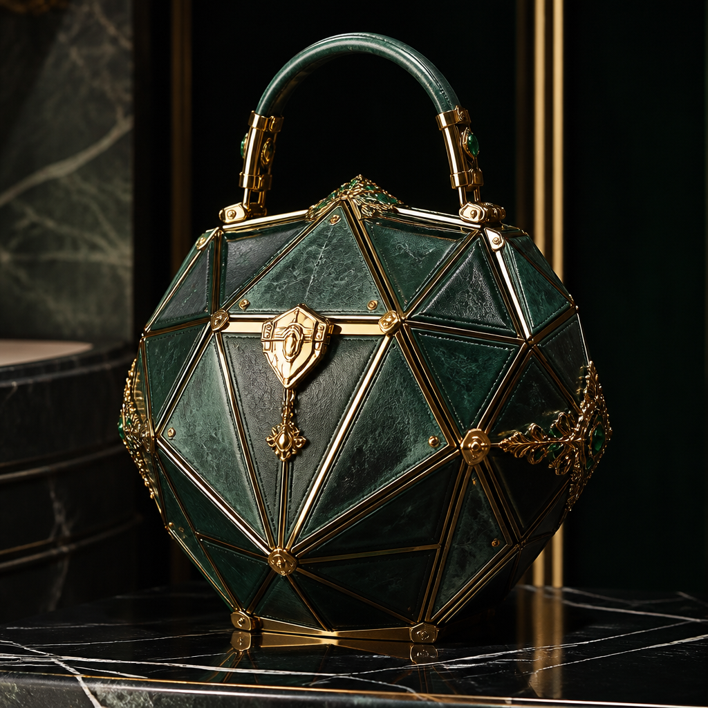 Design a statement handbag inspired by a royal treasure vault. The structure consists of multiple faceted panels resembling a cut crystal. Crafted from deep emerald green leather with polished gold hardware. Luxurious, artistic, elegant, and museum-worthy.
photorealistic fashion design, Design a statement handbag inspired by a royal treasure vault. The structure consists of multiple faceted panels resembling a cut crystal. Crafted from deep emerald green leather with polished gold hardware. Luxurious, artistic, elegant, and museum-worthy., just the design no text