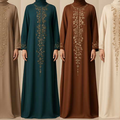 Create me modest boubou that's first in the world, using unique stone design, classy and sophisticated. Keep me 4 designs. Make them rich by adding minimal embroidery and stones designs.