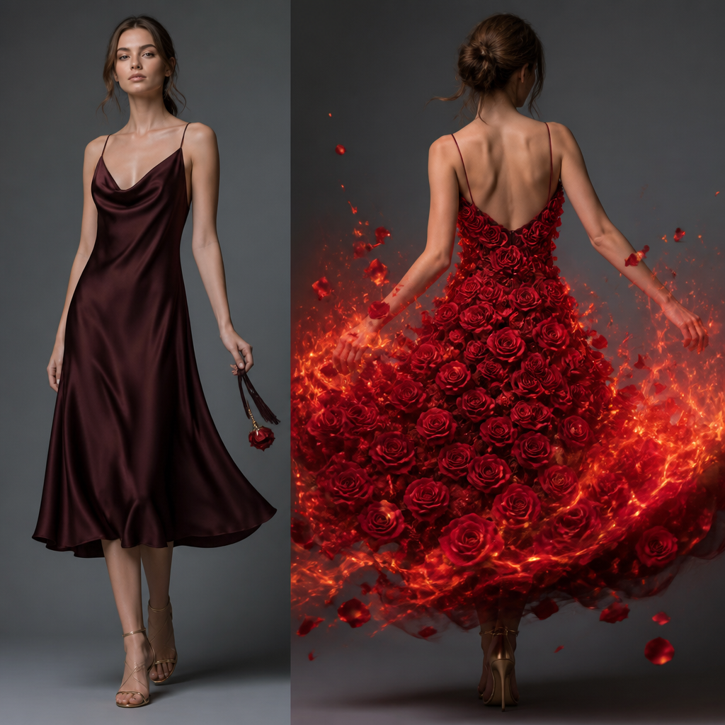 photorealistic fashion design, photorealistic fashion design, A Female Dress design, in a Jewel Tones color palette, suitable for Fall, shown on a model with fair skin and a tall figure. a simple dress that looks like it's just cloth but then it changes into a blaze of cloth fire when you twirl it uses a string and purse magnet release system Present it as professional fashion catalogue photography: the garment is the subject, shown full-length with editorial styling, neutral posing and tasteful, non-suggestive framing., just the design no text, show front and back. Refinement: after it turns it should be a dress that is covered in hundreds of red roses , just the design no text. Refinement: make the dress have an after dress that is covered in red roses
photorealistic fashion design, photorealistic fashion design, photorealistic fashion design, A Female Dress design, in a Jewel Tones color palette, suitable for Fall, shown on a model with fair skin and a tall figure. a simple dress that looks like it's just cloth but then it changes into a blaze of cloth fire when you twirl it uses a string and purse magnet release system Present it as professional fashion catalogue photography: the garment is the subject, shown full-length with editorial styling, neutral posing and tasteful, non-suggestive framing., just the design no text, show front and back. Refinement: after it turns it should be a dress that is covered in hundreds of red roses , just the design no text. Refinement: make the dress have an after dress that is covered in red roses , just the design no text