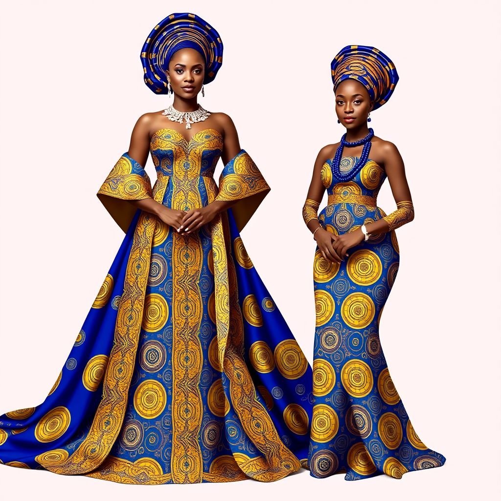 Igbo bride and one of her bridesmaids
Design an exquisite ensemble for an Igbo bride adorned in vibrant, intricately patterned aso-oke fabric, emphasizing traditional blue and gold colors. Her flowing gown features an embellished neckline and an elaborate train. The bridesmaid complements her in a shorter, similarly patterned dress with bold beadwork and a matching head wrap, celebrating cultural elegance.