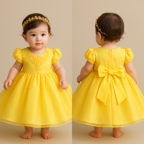 一歳の女の子着用
黄色のドールドレス(丸い)
プリンセスのような感じ
ヘッドアクセサリーもつけて