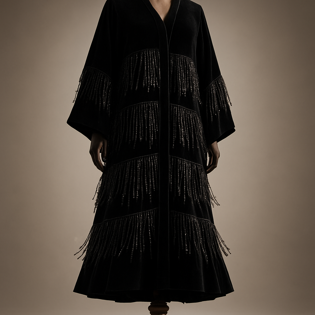 
5) Kinetic fringe shimmer  
Photorealistic full-length black velvet ankle-length abaya on a luxurious polished dark-walnut wooden mannequin with carved pedestal, ankle visible; layered beaded fringe panels with alternating matte and glossy black beads plus intermittent crystal strands, designed to sway and catch light along skirt and sleeves. Studio: low-angle soft key + gentle backlight to highlight motion and sparkle. (Midjourney: --ar 2:3 --v 5 --q 2



5) Kinetic fringe shimmer  
Photorealistic full-length black velvet ankle-length abaya on a luxurious polished dark-walnut wooden mannequin with carved pedestal, ankle visible; layered beaded fringe panels with alternating matte and glossy black beads plus intermittent crystal strands, designed to sway and catch light along skirt and sleeves. Studio: low-angle soft key + gentle backlight to highlight motion and sparkle. (Midjourney: --ar 2:3 --v 5 --q 2
