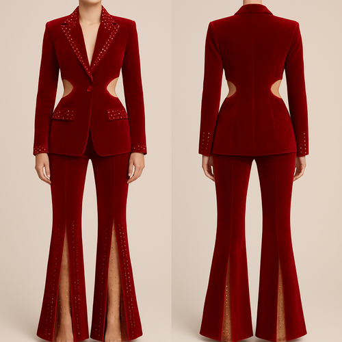 Red velvet 2 peice suit with holes on the sides of the jacket to show off the waistline. On the flap and pockets of the suit jacket, there should be red rhinestones and pearls. The pants should flare out just enough to make the legs look long with a split up the sides of the legs with skin tone mesh fabric showing off the skin with sprinkled red rhinestones and pearls.