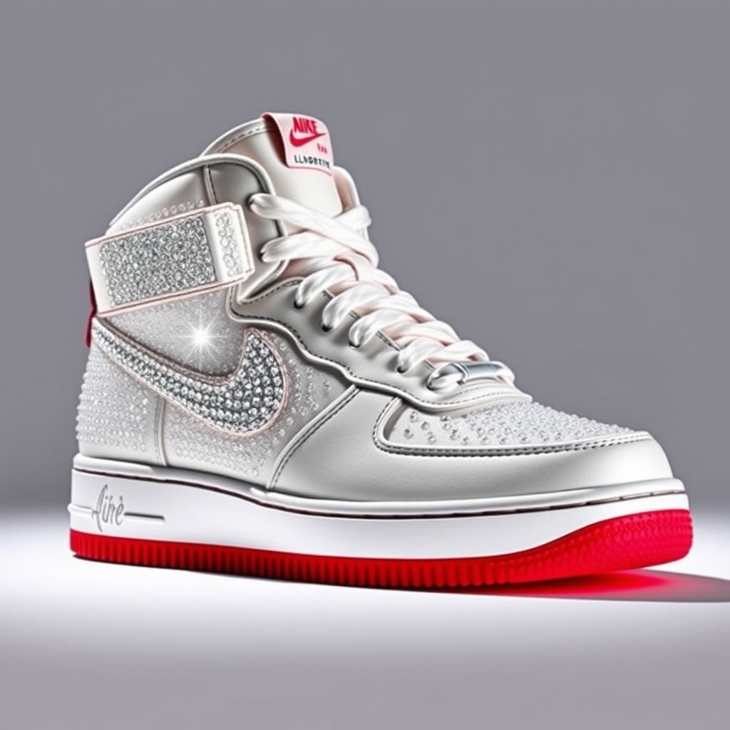A hightop with the style of Air Force 1 Swarovski and a louboutin base
Design an elegant high-top sneaker inspired by the classic Air Force 1 silhouette, adorned with a sparkling Swarovski crystal overlay that catches the light. The luxurious Louboutin base features a signature red sole, creating a striking contrast. Envision delicate leather accents, seamless stitching, and a chic lace closure for sophisticated allure.