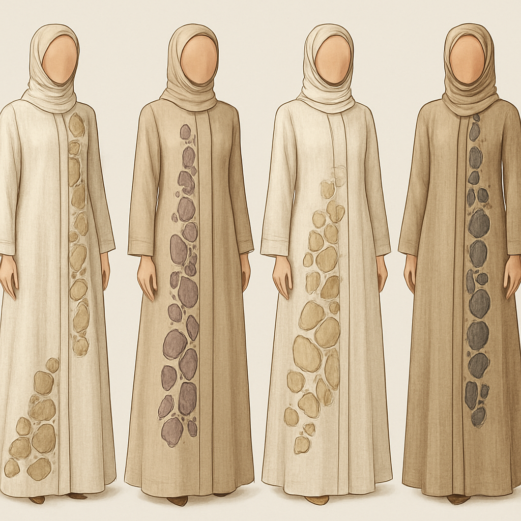 Create a modest two-piece linen abaya, the first of its kind, featuring a unique stone design that exudes a classy and sophisticated vibe. I'd like four designs, each showcasing different styles and fabrics. Incorporate high-end, unique chic stone designs to make them truly special. Add little sophisticated stone designs.

Create a modest two-piece linen abaya, the first of its kind, featuring a unique stone design that exudes a classy and sophisticated vibe. I'd like four designs, each showcasing different styles and fabrics. Incorporate high-end, unique chic stone designs to make them truly special. Add little sophisticated stone designs.