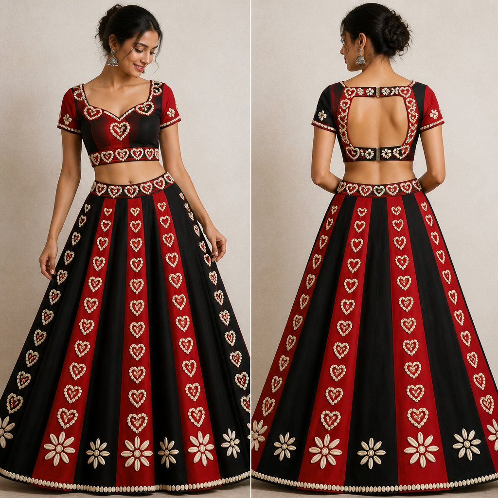 A Female Dress design, suitable for Summer. Black and red color na long and ubha 8 patta vado ghaghro and red and black color no patto bhego thay taya upar photo ma aapeli 2kodi ni heart vadi design and ghaghra ni niche na bhag ma 5 kodi nu flowers vadi design te darek patta ma 2 flowers hova joiye and ghaghra ni upar ni said 2 kodi ni heart vadi design and blouse ma short slaves and slaves ma 1 -1 kodi ni design and blouse ni upar na bhag ma koidi ni heart vadi design and niche pan heart vadi design and pacchad ni said huk no patto banav vo upar niche bey ma kodi nu flowers banav va. India fashion aesthetics.
photorealistic fashion design, A Female Dress design, suitable for Summer. Black and red color na long and ubha 8 patta vado ghaghro and red and black color no patto bhego thay taya upar photo ma aapeli 2kodi ni heart vadi design and ghaghra ni niche na bhag ma 5 kodi nu flowers vadi design te darek patta ma 2 flowers hova joiye and ghaghra ni upar ni said 2 kodi ni heart vadi design and blouse ma short slaves and slaves ma 1 -1 kodi ni design and blouse ni upar na bhag ma koidi ni heart vadi design and niche pan heart vadi design and pacchad ni said huk no patto banav vo upar niche bey ma kodi nu flowers banav va. India fashion aesthetics., just the design no text