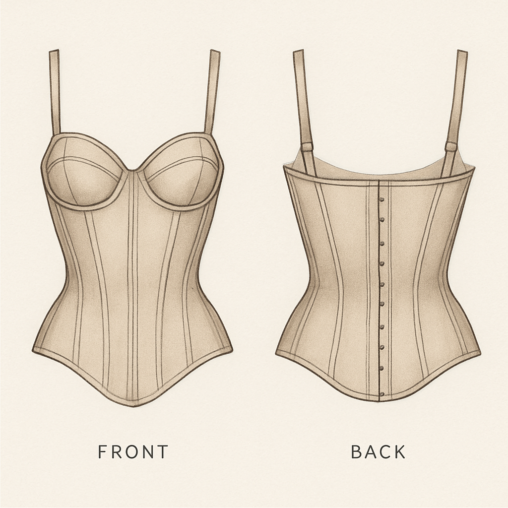 A illusion cup corset with a basque waist line
A illusion cup corset with a basque waist line, show front and back