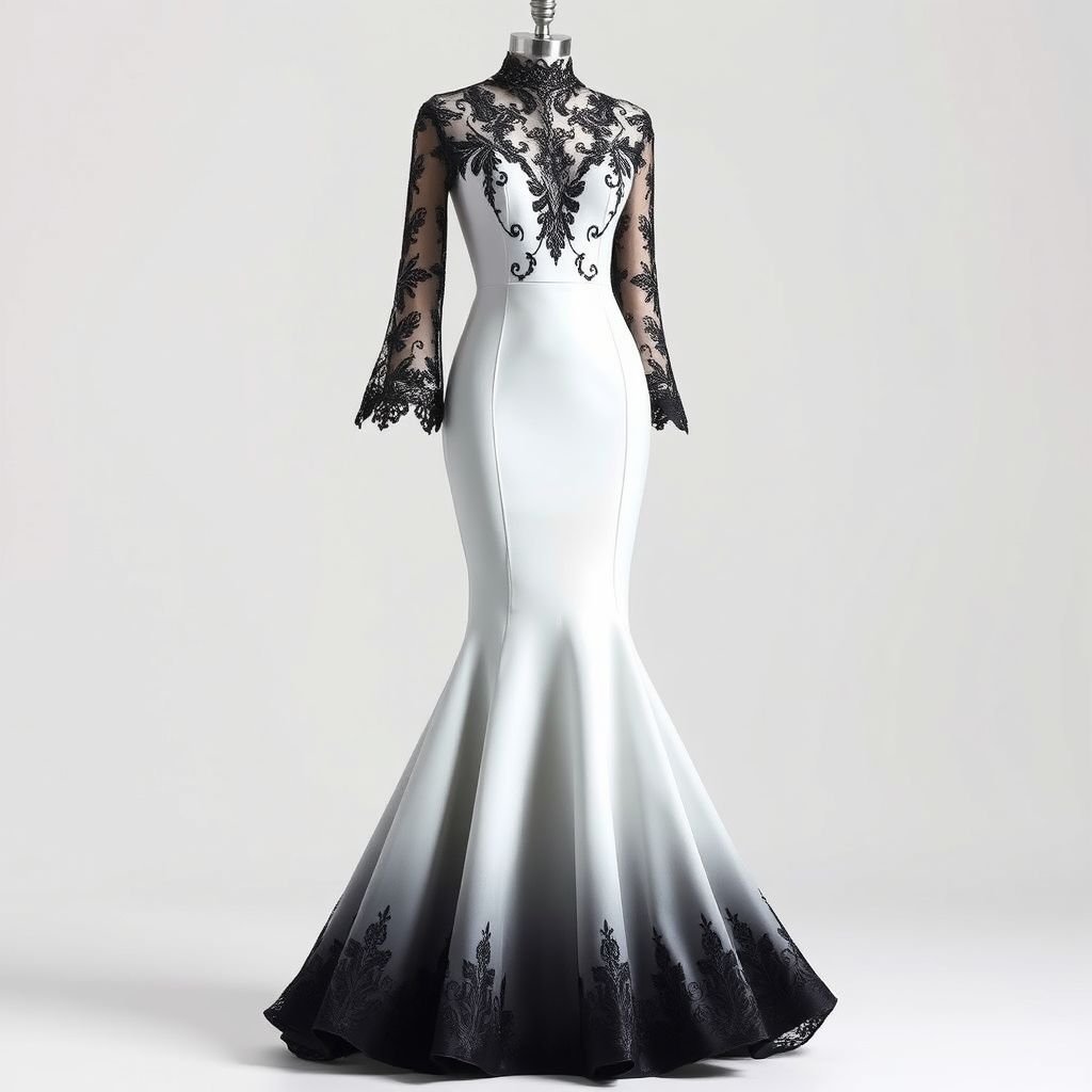 A white long body hugging dress that flares a bit just from the bottom of the knees all the way down and its dyed in black from the bottom up until the knees then a black laced design on the bodies and all the way to the arms and hands
Envision a stunning white body-hugging dress that cascades into a dramatic flare just below the knees. Dyed in an ombre blend of rich black, intricate lace detailing spirals from the neckline to the sleeves, creating a captivating contrast. Ideal for a refined gala, this gown exudes elegance and seductive allure.