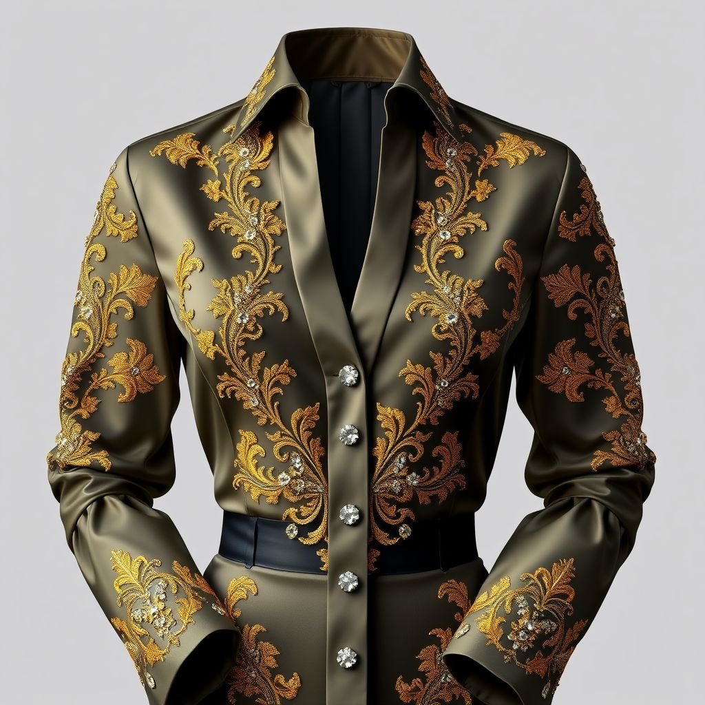 Create a dinner shirt for a luxury designer in New York
Design a stunning dinner shirt for a luxury designer showcasing opulent glamor. Envision rich silk fabric adorned with intricate gold embroidery and sparkling crystal accents. The shirt features a tailored fit, dramatic bell sleeves, and a deep V-neckline, exuding sophistication. Pair with jaw-dropping cuffs and a statement collar for an unforgettable evening look.