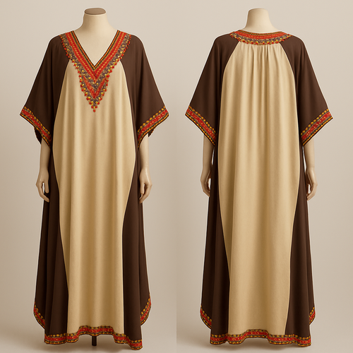 A stylish kaftan with beige and chocolate brown color with orange, pink, and green beads at the the neck line and the edges of the sleeve 