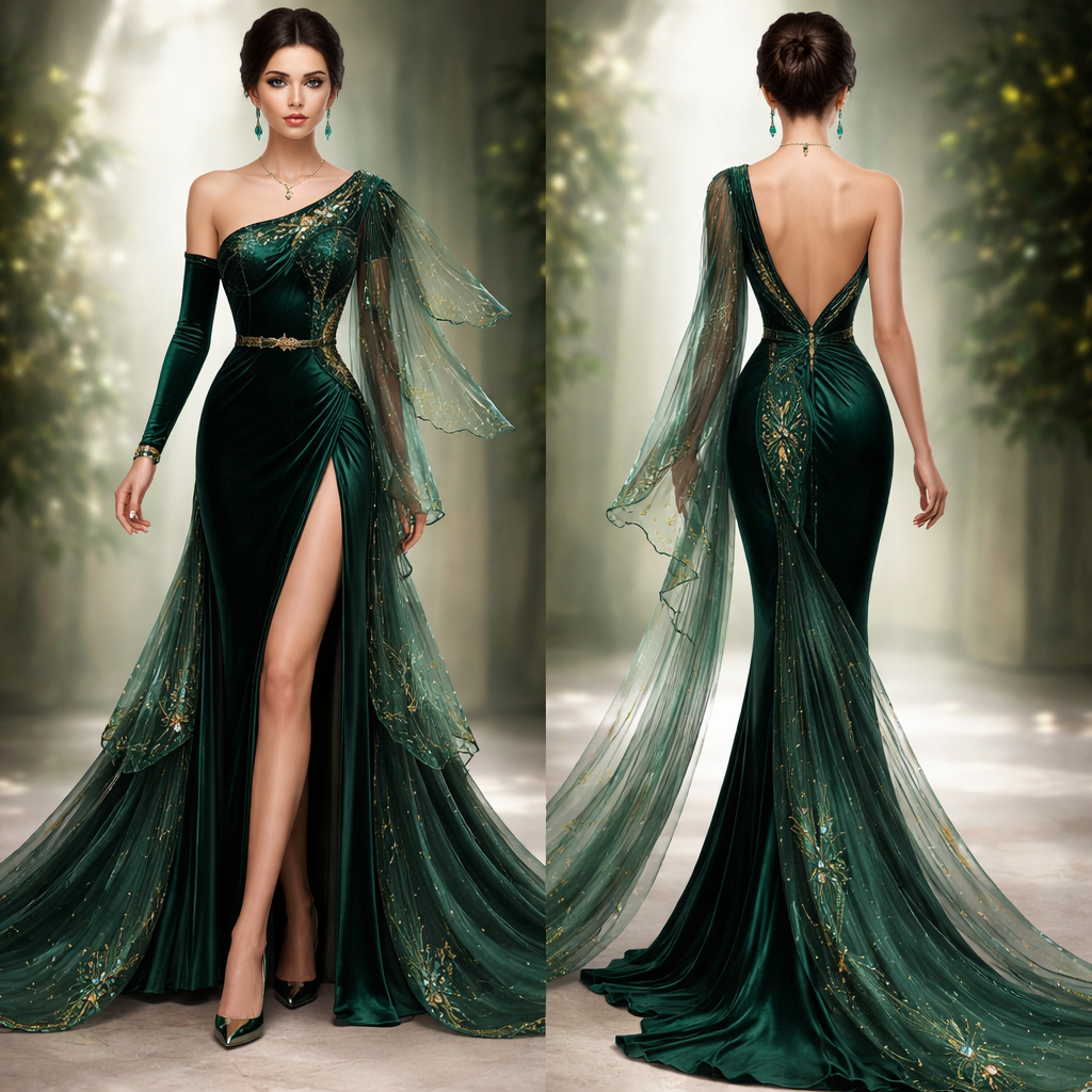 ارسم لي شابة ترتدي ⸻الإطلالة الثانيةفراشة “الزمرد الإمبراطوري”الفكرة:فراشة نادرة بجناحين أخضرين لامعين يشبهان الزمرد. الإطلالة تعكس الغموض والهدوء الملكي.القَصّةفستان طويل بقصة عمودية منحوتة تبرز الطول والأناقة. • الصدر: كورسيه هندسي غير متماثل (Asymmetrical) • كتف واحد مكشوف، والآخر مغطى بجناح قماشي شفاف • الخصر: محدد بحزام معدني رفيعالتنورةتنورة مستقيمة حتى الركبة ثم تتفتح إلى طبقتين كبيرتين تشبهان جناحين متداخلين.الطبقة الأولى قصيرة قليلاًالطبقة الثانية أطول وتشكل ذيلاً خلفياً خفيفاً.القماش • مخمل حريري أخضر زمردي • أورغانزا شفافة بلون أخضر ضبابي • بطانة ساتان حريريالتطريزالتطريز يحاكي الشبكة الدقيقة في أجنحة الفراشات: • خيوط ذهبية رفيعة • خرز زمردي صغير • كريستال شفاف متناثرالأكمامكم واحد طويل ضيق يبدأ بسيطاً ثم يتحول عند المعصم إلى مروحة شفافة.الظهرظهر مفتوح بشكل بيضاويتخرج منه قطعة قماش شفافة طويلة تتمايل أثناء المشي.الحذاءكعب رفيع بلون أخضر معدني.المجوهرات • أقراط زمردية طويلة • سوار نحيف من الذهب الأصفرالشعرشعر مرفوع في كعكة منخفضة ناعمة.المكياج • عيون بلون أخضر دخاني • شفاه نيو
ارسم لي شابة ترتدي ⸻الإطلالة الثانيةفراشة “الزمرد الإمبراطوري”الفكرة:فراشة نادرة بجناحين أخضرين لامعين يشبهان الزمرد. الإطلالة تعكس الغموض والهدوء الملكي.القَصّةفستان طويل بقصة عمودية منحوتة تبرز الطول والأناقة. • الصدر: كورسيه هندسي غير متماثل (Asymmetrical) • كتف واحد مكشوف، والآخر مغطى بجناح قماشي شفاف • الخصر: محدد بحزام معدني رفيعالتنورةتنورة مستقيمة حتى الركبة ثم تتفتح إلى طبقتين كبيرتين تشبهان جناحين متداخلين.الطبقة الأولى قصيرة قليلاًالطبقة الثانية أطول وتشكل ذيلاً خلفياً خفيفاً.القماش • مخمل حريري أخضر زمردي • أورغانزا شفافة بلون أخضر ضبابي • بطانة ساتان حريريالتطريزالتطريز يحاكي الشبكة الدقيقة في أجنحة الفراشات: • خيوط ذهبية رفيعة • خرز زمردي صغير • كريستال شفاف متناثرالأكمامكم واحد طويل ضيق يبدأ بسيطاً ثم يتحول عند المعصم إلى مروحة شفافة.الظهرظهر مفتوح بشكل بيضاويتخرج منه قطعة قماش شفافة طويلة تتمايل أثناء المشي.الحذاءكعب رفيع بلون أخضر معدني.المجوهرات • أقراط زمردية طويلة • سوار نحيف من الذهب الأصفرالشعرشعر مرفوع في كعكة منخفضة ناعمة.المكياج • عيون بلون أخضر دخاني • شفاه نيو, show front and back