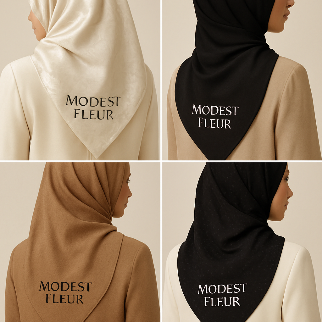 Create a revolutionary women’s modest scarve wear brand called “Modest Fleur”. Display the brand name on the in a unique design , in small thick writing that exudes a classy and sophisticated vibe. I’d like four designs, each showcasing different styles and fabrics, with high-end, chic designs to make them truly special.
Create a revolutionary women’s modest scarve wear brand called “Modest Fleur”. Display the brand name on the in a unique design , in small thick writing that exudes a classy and sophisticated vibe. I’d like four designs, each showcasing different styles and fabrics, with high-end, chic designs to make them truly special.