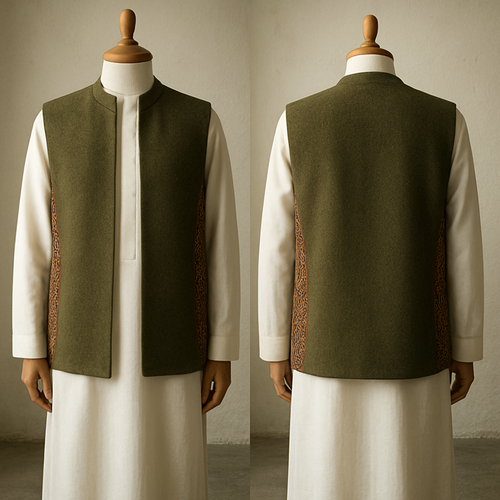 ‏Contemporary sleeveless hip-length sedri on a wooden mannequin over a white Saudi thawb, olive khaki textured wool with patterned Sindhi side panels, minimalist matte finish, soft natural window light from left, textured studio floor, realistic with slight artistic grain --ar 3:4 --v 5 --q 2"
