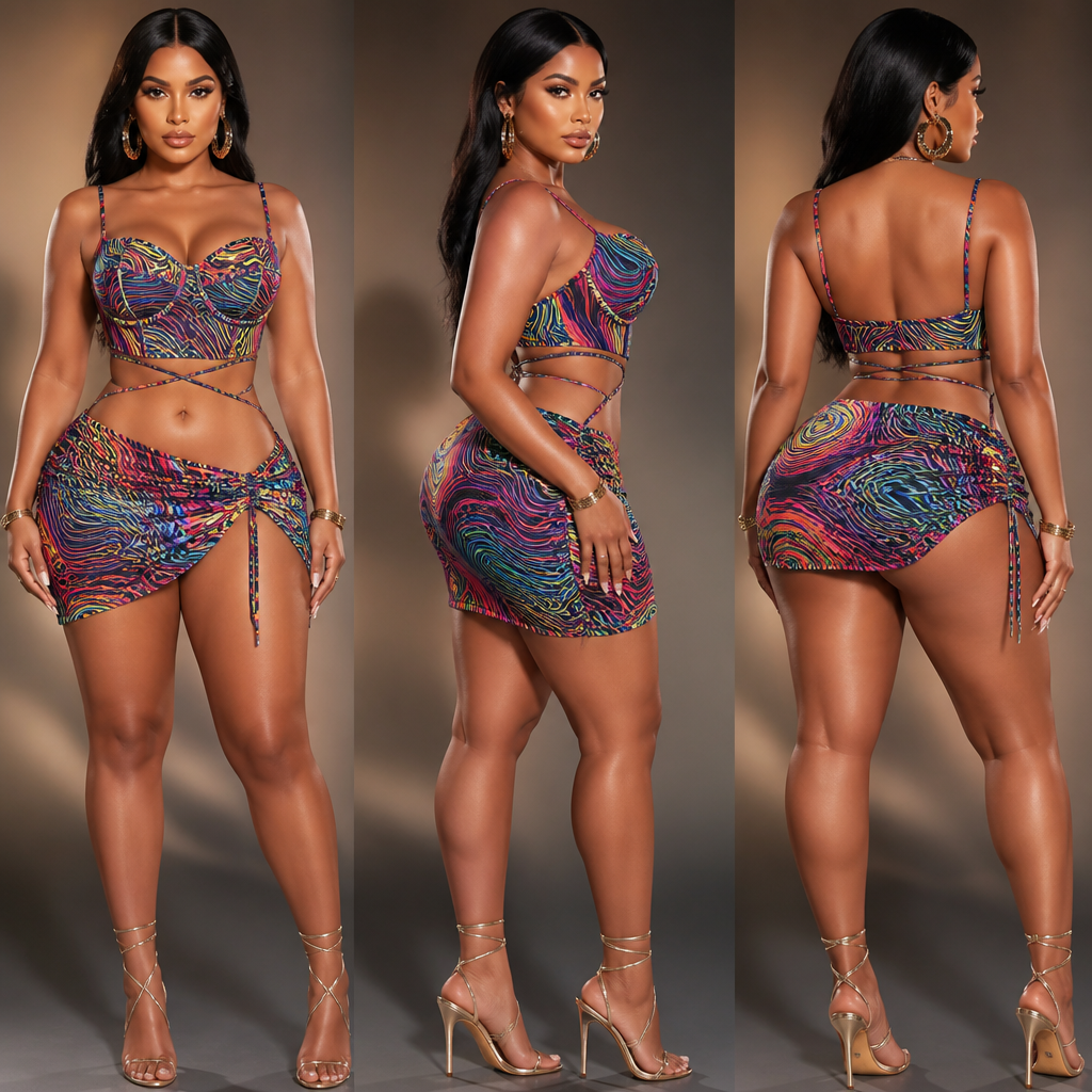 2-piece sexy clubwear set. The top is a structured corset-style crop top with an open back and criss-cross thin midriff straps wrapping around the bare waist. The bottom is an asymmetrical micro-mini skirt, low-rise fit, with a ruched drawstring tie on one hip creating a distorted hemline. The entire set features a vibrant, high-density "Afro Tribal Liquid Motion" fluid pattern with neon multicolored wavy lines. Premium double-layered stretch mesh fabric, dynamic studio lighting, crisp details
front, side and back
african curvy model. Egypt fashion aesthetics.
photorealistic fashion design, 2-piece sexy clubwear set. The top is a structured corset-style crop top with an open back and criss-cross thin midriff straps wrapping around the bare waist. The bottom is an asymmetrical micro-mini skirt, low-rise fit, with a ruched drawstring tie on one hip creating a distorted hemline. The entire set features a vibrant, high-density "Afro Tribal Liquid Motion" fluid pattern with neon multicolored wavy lines. Premium double-layered stretch mesh fabric, dynamic studio lighting, crisp details
front, side and back
african curvy model. Egypt fashion aesthetics., just the design no text