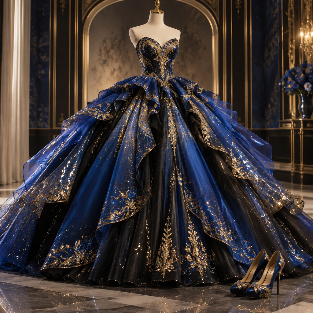 Making me a big bowl dress with the colors of blue gold and black heart neck with shoes that match that sparkles in the wind big ball gown on a mannequin
photorealistic fashion design, Making me a big bowl dress with the colors of blue gold and black heart neck with shoes that match that sparkles in the wind big ball gown on a mannequin, scene style, just the design no text