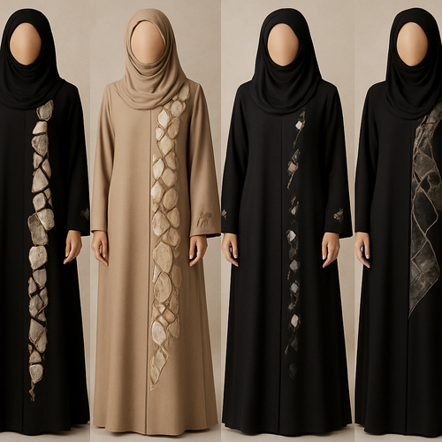 Create a modest abaya, the first of its kind, featuring a unique stone design that exudes a classy and sophisticated vibe. I'd like four designs, each showcasing different styles and fabrics. Incorporate high-end, unique chic stone designs to make them truly special. Add little sophisticated stone designs. Make it irresistible for customers 