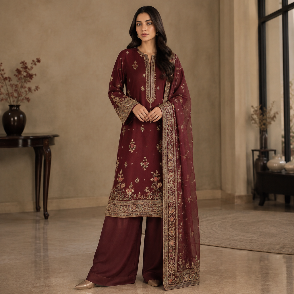 A Female Dress design, suitable for Fall. fashion designing. Pakistan fashion aesthetics. Present it as professional fashion catalogue photography: the garment is the subject, shown full-length with editorial styling, neutral posing and tasteful, non-suggestive framing.
photorealistic fashion design, A Female Dress design, suitable for Fall. fashion designing. Pakistan fashion aesthetics. Present it as professional fashion catalogue photography: the garment is the subject, shown full-length with editorial styling, neutral posing and tasteful, non-suggestive framing., just the design no text
