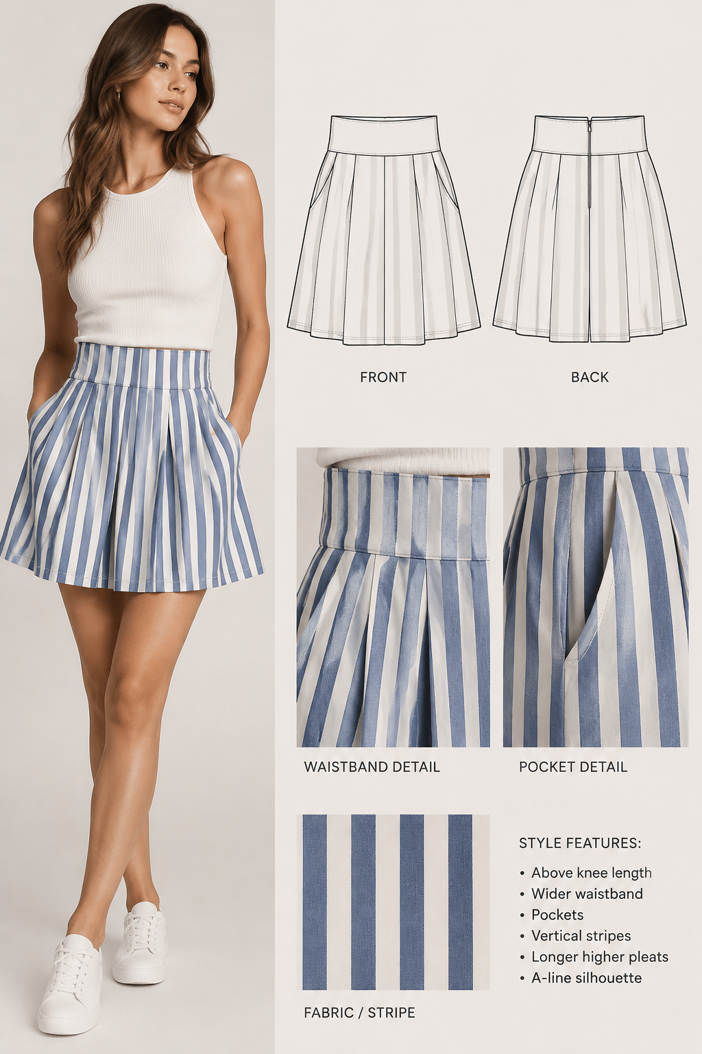 skirt the length would be above the knee and with a wider waistband and pockets. with strips, longer high
skirt the length would be above the knee and with a wider waistband and pockets. with strips, longer high