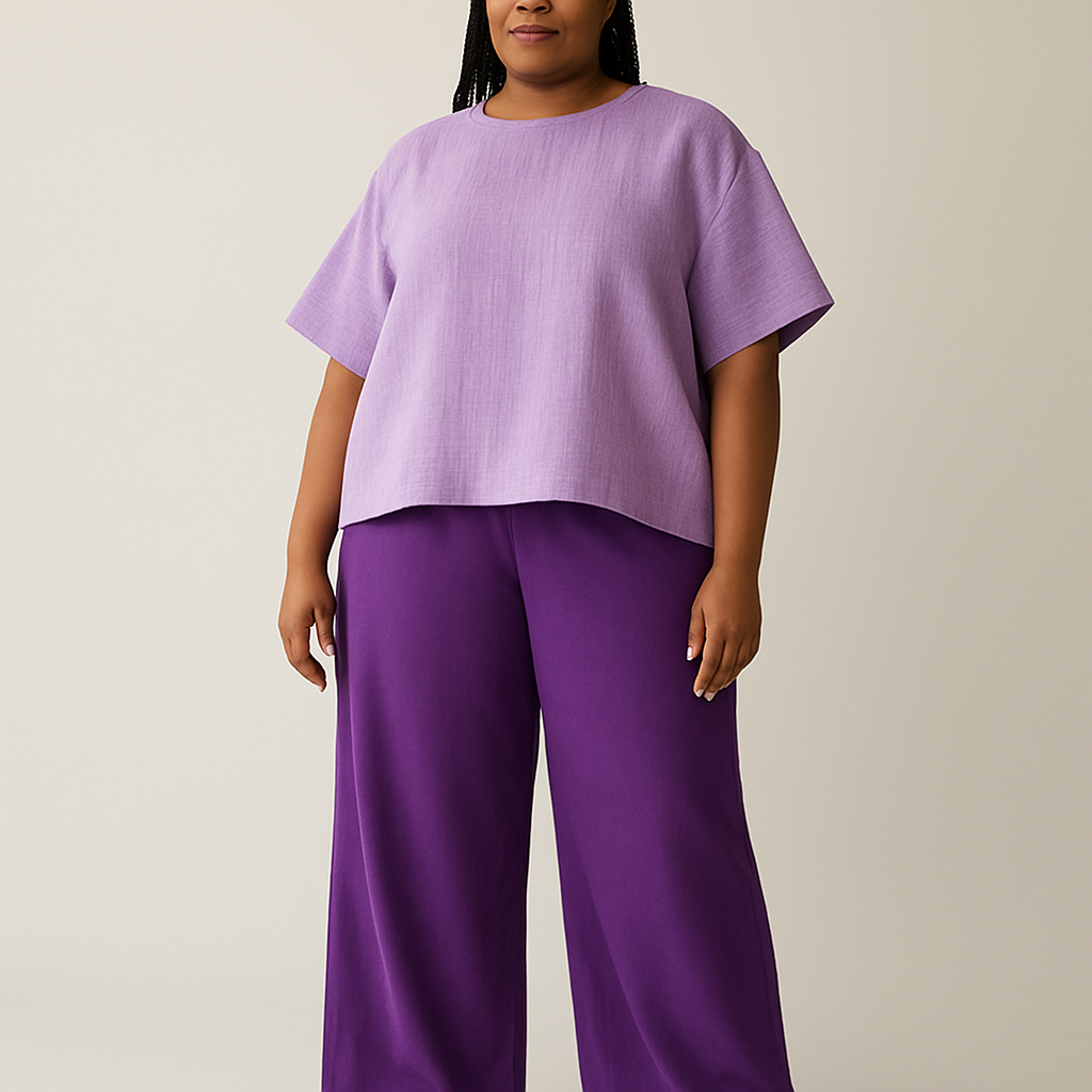 Create a baggy plain purple pants for a plus size tall woman and a lilac big aso oke short big sleeve shirt
Create a baggy plain purple pants for a plus size tall woman and a lilac big aso oke short big sleeve shirt