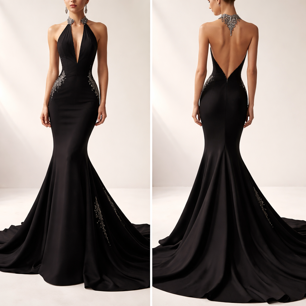 I want a halter neck dress with proper structure. Fitted and long like a wedding dress. No beading but with embellished on some places. A v-neck something that you tie on the neck but I don want it to be what you tie. Make it black and very full.
I want a halter neck dress with proper structure. Fitted and long like a wedding dress. No beading but with embellished on some places. A v-neck something that you tie on the neck but I don want it to be what you tie. Make it black and very full. , designer style, show front and back