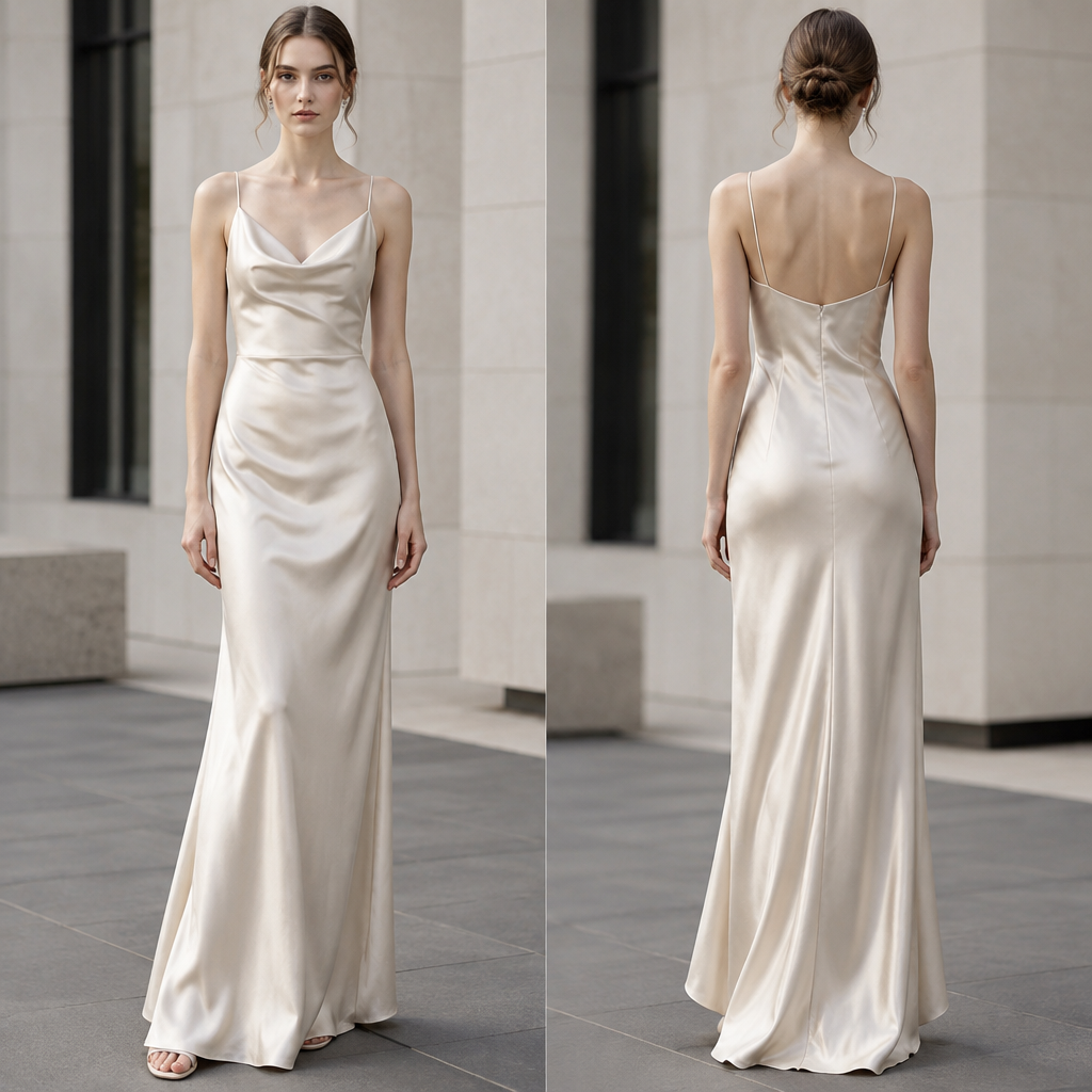 A Dress design, made of Silk, with a soft, cosy hand, with a Fitted silhouette, in a Monochrome color palette, for Formal, suitable for Fall, suited to a Tropical climate, in Streetwear style, shown on a model with fair skin and a slim figure. PS fashion aesthetics. Present it as professional fashion catalogue photography: the garment is the subject, shown full-length with editorial styling, neutral posing and tasteful, non-suggestive framing.
photorealistic fashion design, A Dress design, made of Silk, with a soft, cosy hand, with a Fitted silhouette, in a Monochrome color palette, for Formal, suitable for Fall, suited to a Tropical climate, in Streetwear style, shown on a model with fair skin and a slim figure. PS fashion aesthetics. Present it as professional fashion catalogue photography: the garment is the subject, shown full-length with editorial styling, neutral posing and tasteful, non-suggestive framing., streetwear style, just the design no text, show front and back