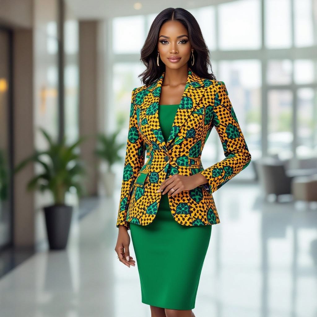 African Corporate office blazer dress with crepe fabric, not plain
Business fashion: African print blazer dress, crepe fabric, knee-length, with simple tailoring for a corporate office business style.