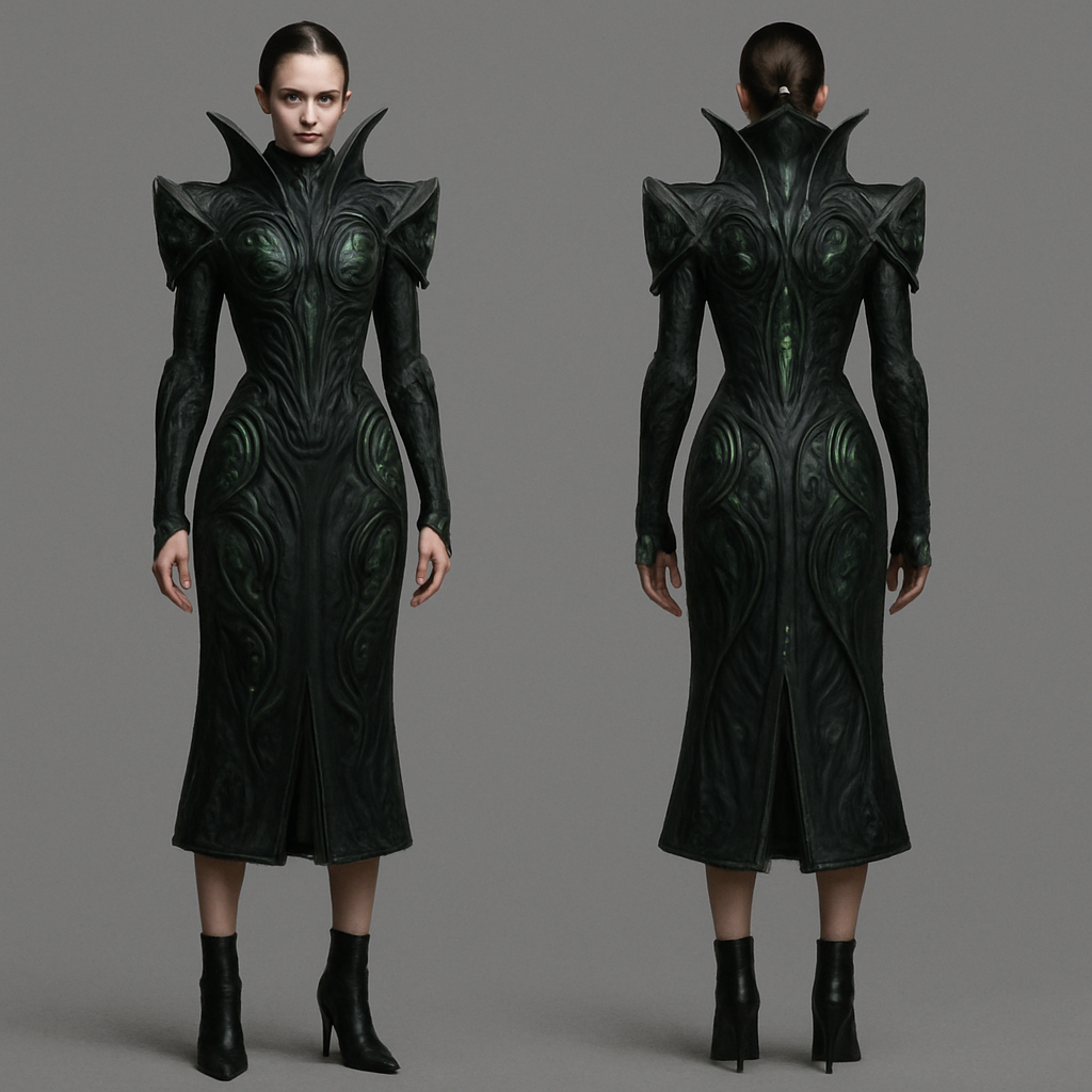 Create me a Women’s Unique Alien wear design dress. It should be a high fashion design. It should be below the knees (mid calf length). Runway designed.
Create me a Women’s Unique Alien wear design dress. It should be a high fashion design. It should be below the knees (mid calf length). Runway designed.
, edgy style, show front and back