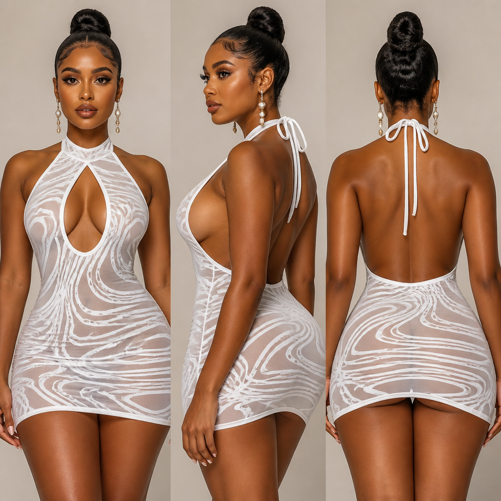 bodycon sexy nightlife party halter-neck micro-mini dress. Completely open low backless design, halter straps tying behind the neck. The front features a deep teardrop keyhole cutout at the center of the chest. polyester lycra mesh fabric, creating distorted fluid ripples. Covered in an "Afro Tribal Liquid Motion"
main color white
accent white
front, side and back
african curvy model. Egypt fashion aesthetics.
photorealistic fashion design, bodycon sexy nightlife party halter-neck micro-mini dress. Completely open low backless design, halter straps tying behind the neck. The front features a deep teardrop keyhole cutout at the center of the chest. polyester lycra mesh fabric, creating distorted fluid ripples. Covered in an "Afro Tribal Liquid Motion"
main color white
accent white
front, side and back
african curvy model. Egypt fashion aesthetics., just the design no text