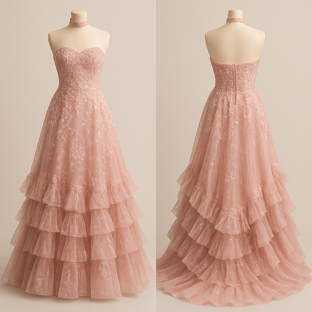 Long light pink dress with a floral design and a Lacey top and ruffles on the skirt and strapless skirt that looks real that looks like a prom dress and make it sparkly add more ruffles and add a choker that matches the dress and a a train
Long light pink dress with a floral design and a Lacey top and ruffles on the skirt and strapless skirt that looks real that looks like a prom dress and make it sparkly add more ruffles and add a choker that matches the dress and a a train , show front and back