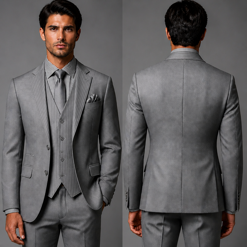 The stripes on the vest , lapel and shirt collar needs to all be same smaller light grey and dark grey pinstripes
edit the attached fashion design with these instructions: The stripes on the vest , lapel and shirt collar needs to all be same smaller light grey and dark grey pinstripes. keep it photorealistic, just the design no text