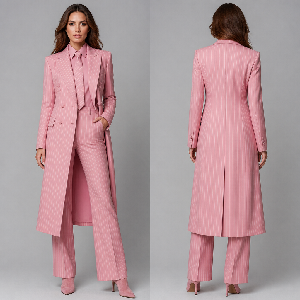 Woman double breasted pinstripe coat pink, a pink collar shirt matching pinstripe tie , matching pants a little flair , pink suede short booties
photorealistic fashion design, Woman double breasted pinstripe coat pink, a pink collar shirt matching pinstripe tie , matching pants a little flair , pink suede short booties , glamorous style, just the design no text, show front and back