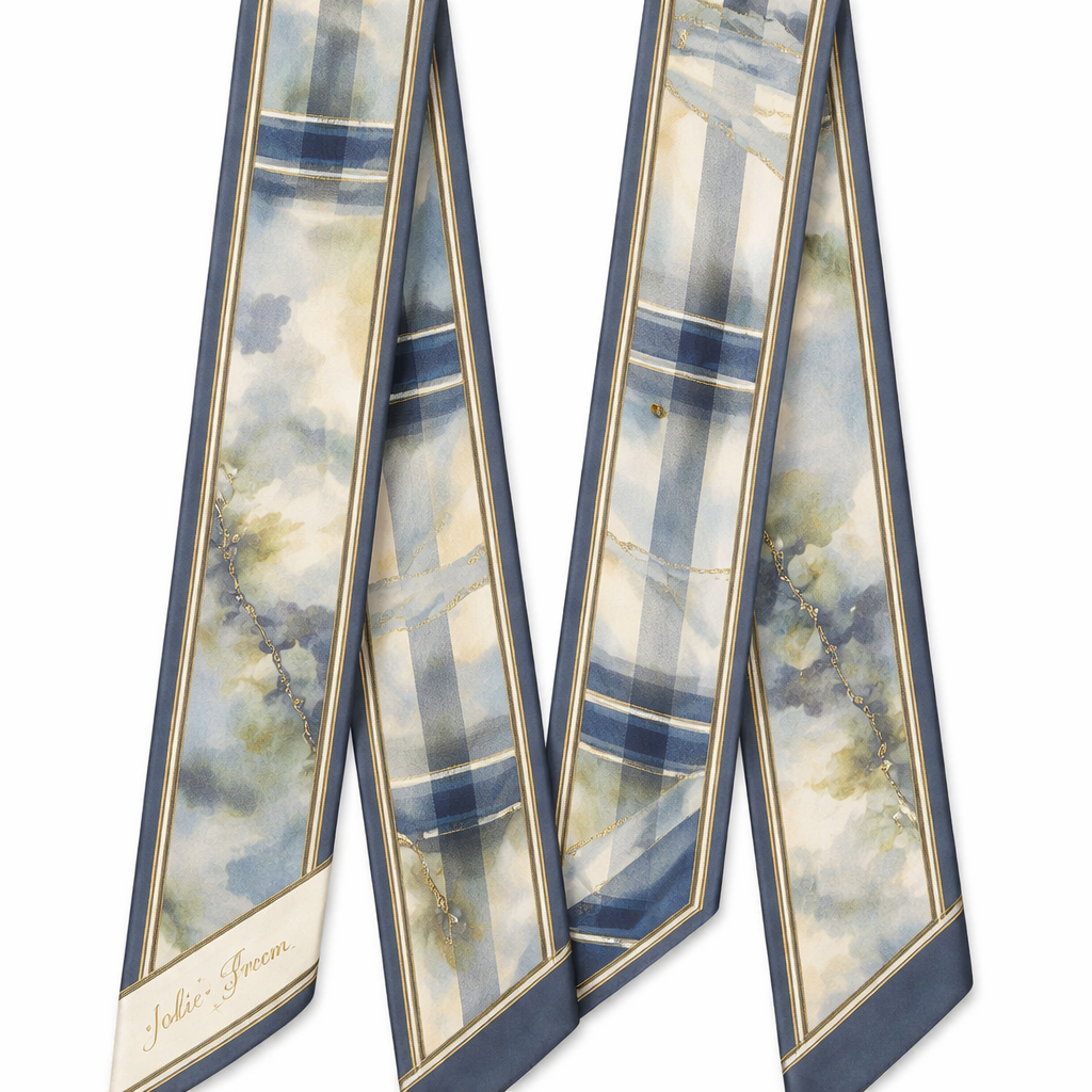 Design a 5cm x 86cm silk twill scarf for Jolie Franc with a classic American preppy base and British tailoring, softened by French Impressionist influence. Feature structured linear elements layered over a softly blended, painterly background inspired by Monet-era palettes. Use warm ivory, navy, muted blue-grey, and soft olive tones with a fine antique gold border. Hand-rolled edges. Artistic yet restrained, suitable for a Kelly-style bag handle and timeless wear.
Design a 5cm x 86cm silk twill scarf for Jolie Franc with a classic American preppy base and British tailoring, softened by French Impressionist influence. Feature structured linear elements layered over a softly blended, painterly background inspired by Monet-era palettes. Use warm ivory, navy, muted blue-grey, and soft olive tones with a fine antique gold border. Hand-rolled edges. Artistic yet restrained, suitable for a Kelly-style bag handle and timeless wear., classic style, show front and back