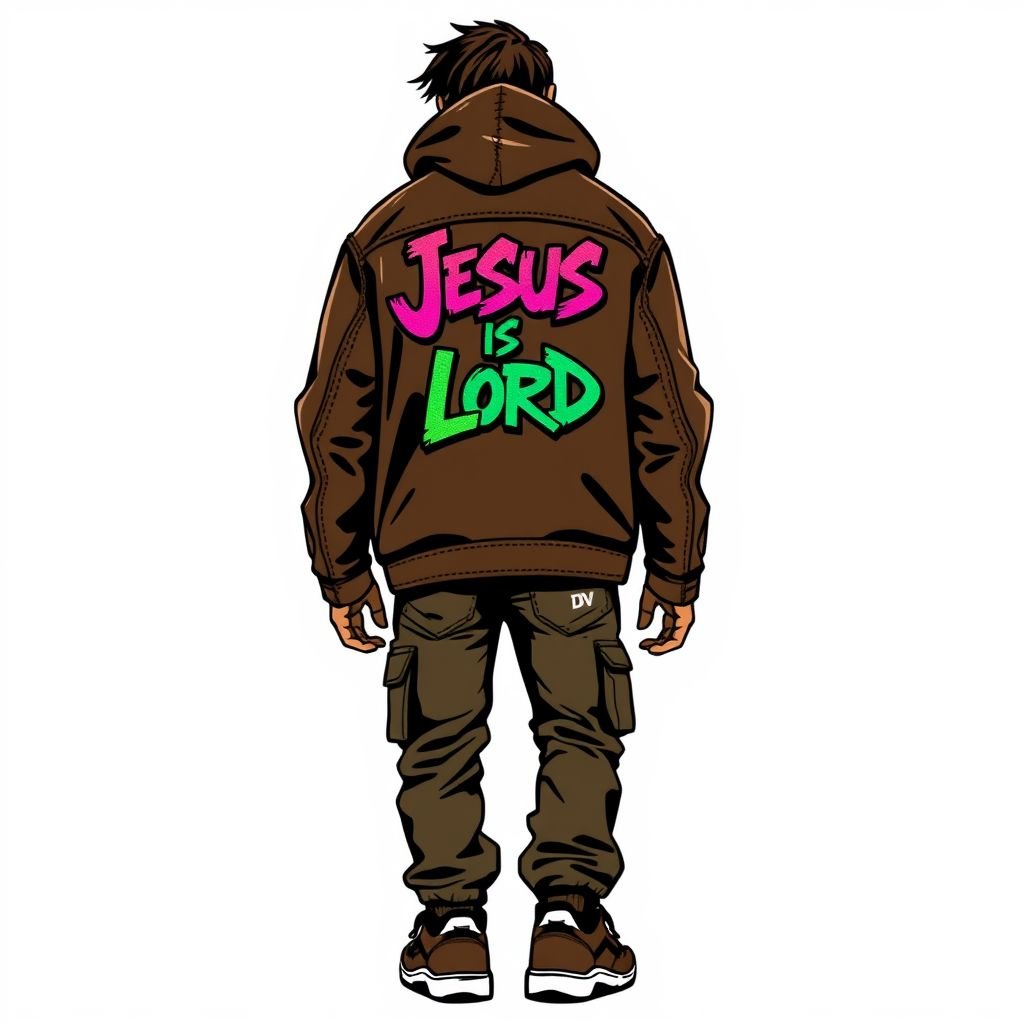 Create a brown leather jacket with “Jesus is Lord” embroidered on the back, with a “DV” on the front
Design a rugged brown leather jacket featuring oversized streetwear silhouettes. Embellish the back with bold, graffiti-style "Jesus is Lord" embroidery in vibrant colors, while a minimalist "DV" logo adorns the front pocket. Pair it with distressed cargo pants and chunky sneakers to embody urban chic, perfect for city explorers.