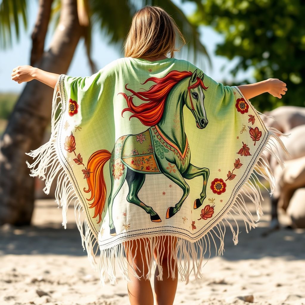 boho unisex green summer poncho which is handpainted of horse
Design a stunning boho unisex summer poncho in vibrant greens, featuring hand-painted intricate horse motifs that symbolize freedom and wild spirit. Crafted from lightweight, breathable fabric, it cascades gracefully over the body, adorned with flowing fringe details and embroidered patterns. Perfect for beach days or summer festivals, embodying effortless bohemian charm.