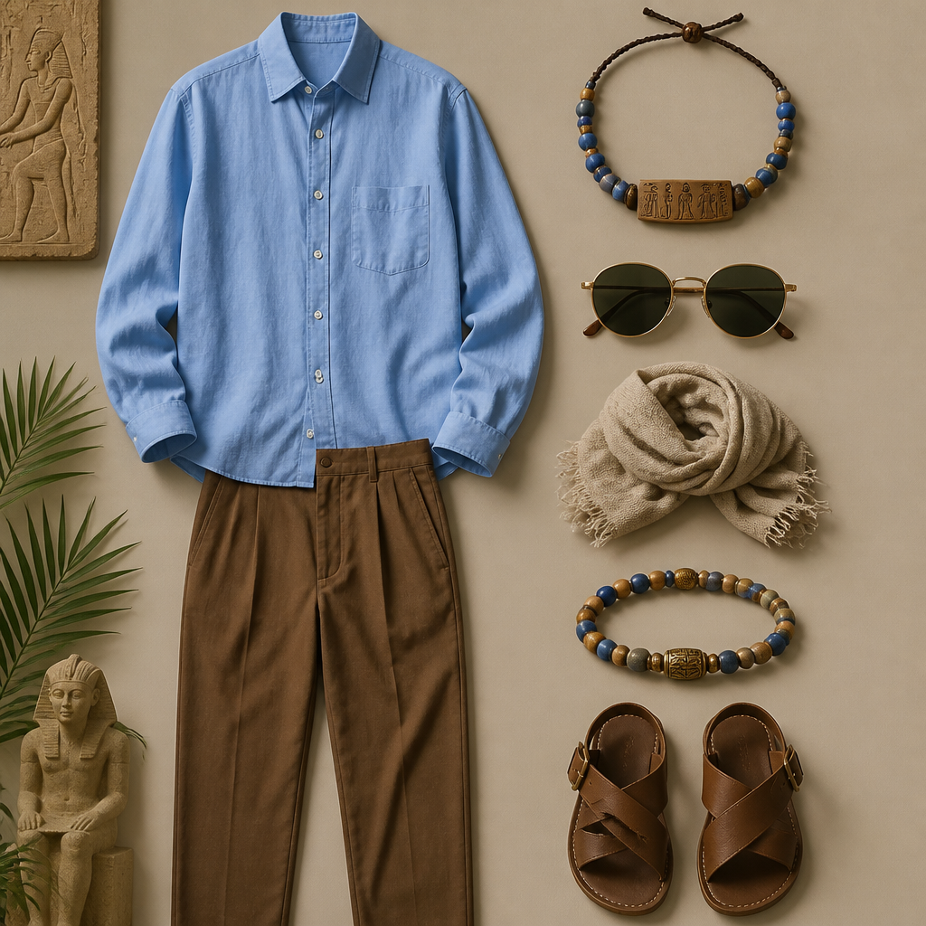 A Unisex Accessories design, in Classic style. shirt sky blue and pant color brown. Egypt fashion aesthetics.
photorealistic fashion design, A Unisex Accessories design, in Classic style. shirt sky blue and pant color brown. Egypt fashion aesthetics., classic style, just the design no text