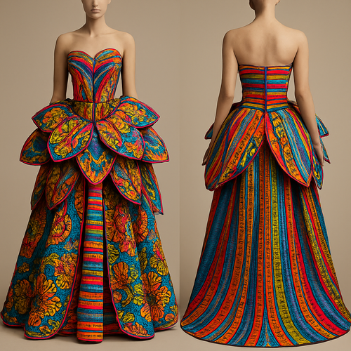 Create a colorful gown that look like a flower made with beautiful Ankara and aso oke stripes 