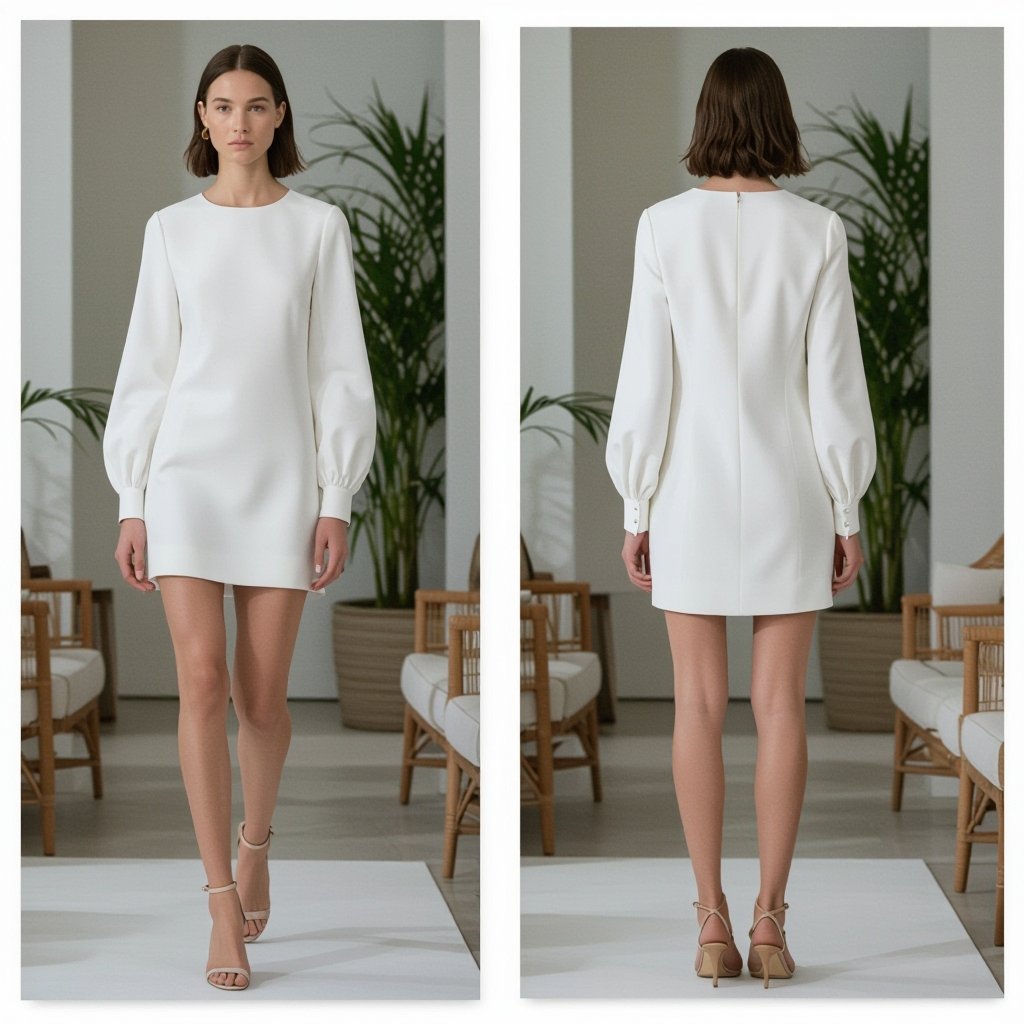 Please no background picture only please no flowers nothingwhite background No backgroung picture and no funny hats and white background always when creating my dress please and no funny hats just hairstyles. and only one picture of the style front and back A very short dress with long sleeves in white and very sexy for night out
Minimalist fashion: White, short, silk dress with long sleeves. Clean lines, simple silhouette, no embellishments. Front and back view. White background.
