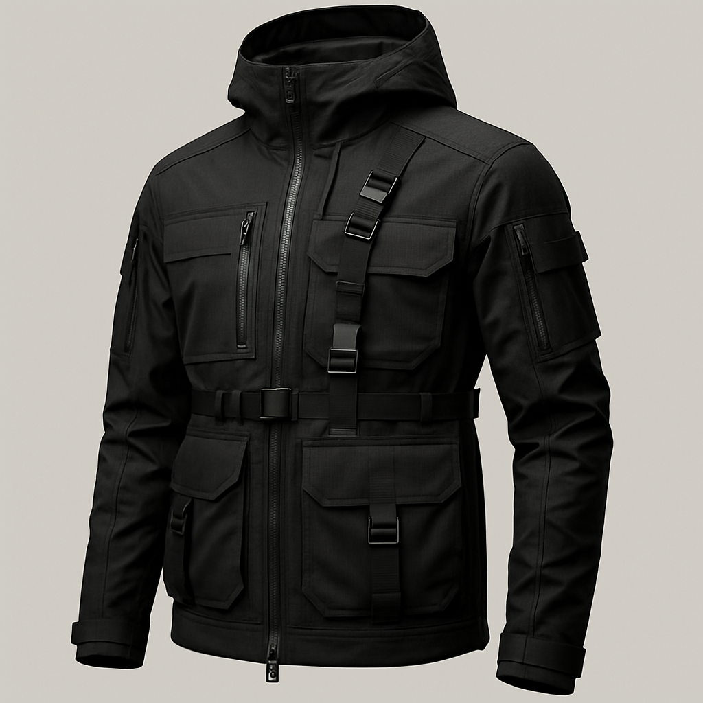 Modular tactical jacket with waterproof zippers and utility strapping
Techwear fashion design: Modular tactical jacket, structured silhouette, black ripstop nylon, waterproof zippers, utility strapping, slim fit.