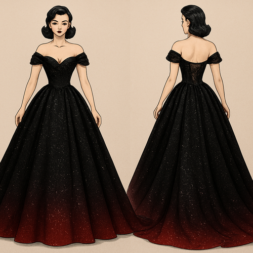 Black glittery wedding dress with long train. Shoulder sleeves, corset back, with the bottom of the dress fading into a deep red color.