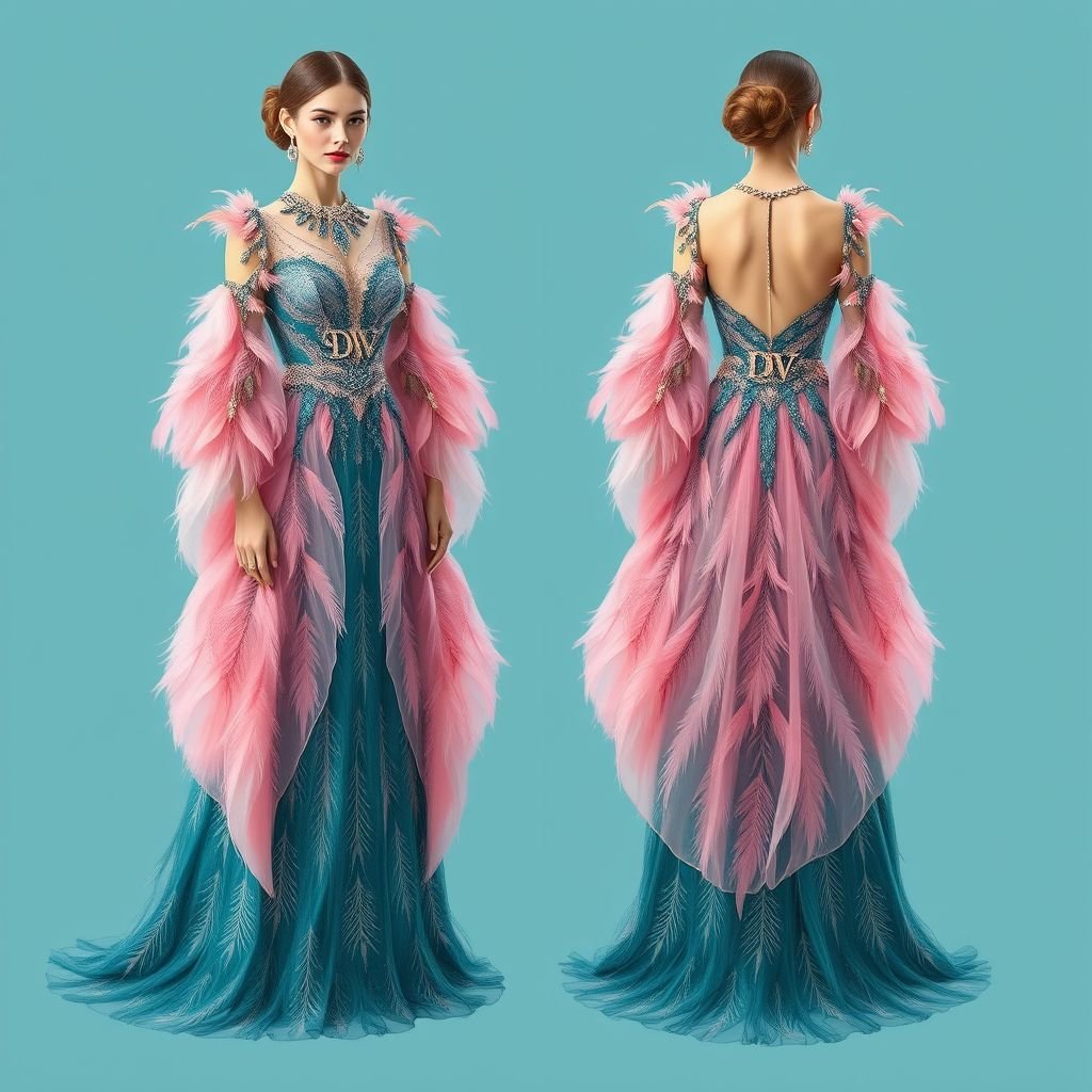Create me a unique Peacock dress with a little pink in it.met gala dress. But I want it to be modest I want the arms and legs covered. and empowers a Met Gala look. Put “DV” on it somewhere
Design an elegant, floor-length Peacock gown infused with soft pink accents, embodying luxury and refinement. The dress features long, flowing sleeves and a full skirt, gracefully covering arms and legs. Adorned with delicate feathers and intricate beadwork, subtly incorporate the initials “DV” into the waistline, enhancing its sophisticated appeal for the Met Gala.