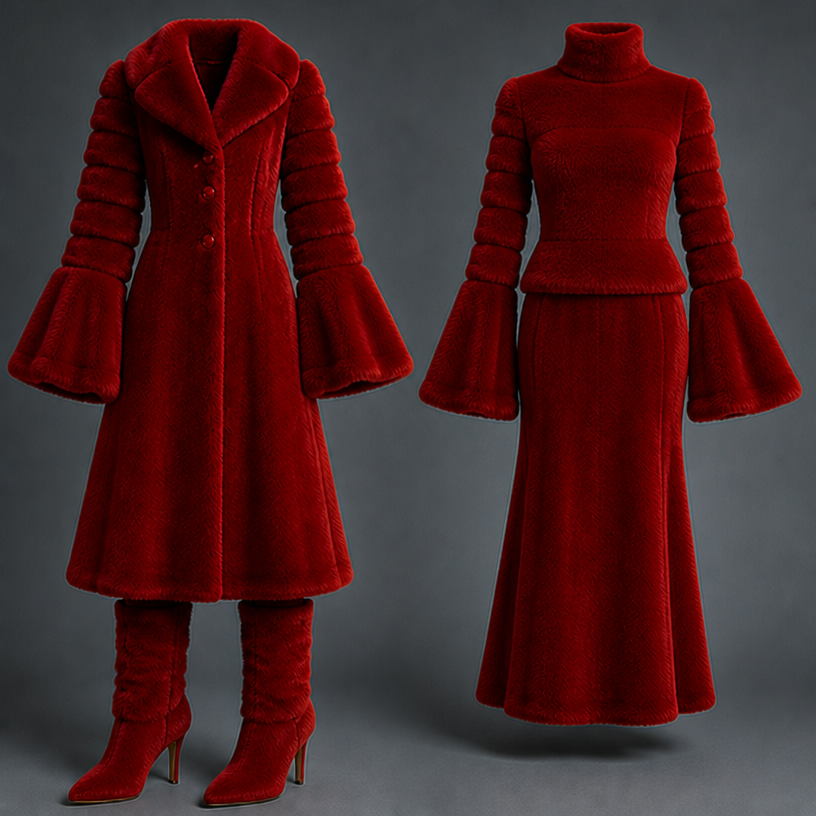 Remove the letters w and O add a fur turtleneck with bell sleeves rows of as well as the coat large bell sleeve , put the turtleneck on top of the skirt
edit the attached fashion design with these instructions: Remove the letters w and O add a fur turtleneck with bell sleeves rows of as well as the coat large bell sleeve , put the turtleneck on top of the skirt. keep it photorealistic, just the design no text