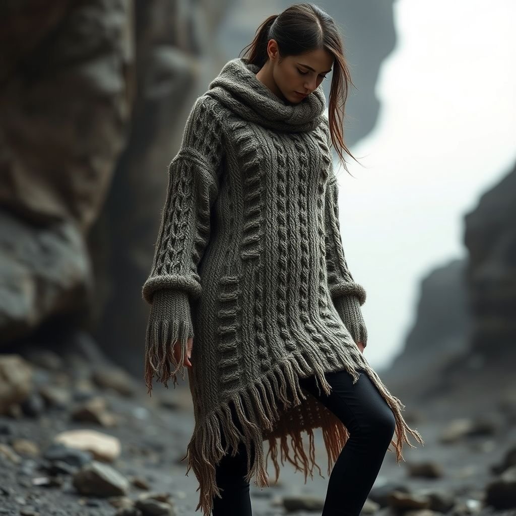 Distressed apocalyptic dress
Design a distressed apocalyptic dress in a knitwear style, featuring oversized, asymmetrical silhouettes. Utilize a palette of muted, earthy tones with frayed edges and intentional holes for a worn look. Incorporate intricate cable knits and layered textures, merging functionality and fashion for a dramatic yet cozy silhouette ready for dystopian adventures.