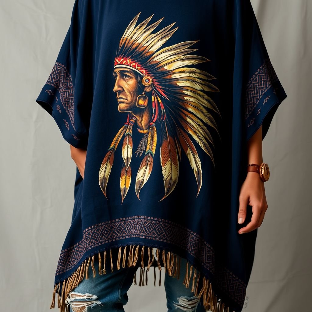 Dark blue boho unisex poncho which is handpainted of an red indian man
Imagine a dark blue boho unisex poncho, adorned with intricate hand-painted motifs of a wise Native American man, his feathers dancing in the breeze. The flowing fabric features earthy tones that blend seamlessly with the deep blue. Pair it with distressed jeans and artisan accessories for an effortlessly chic look.